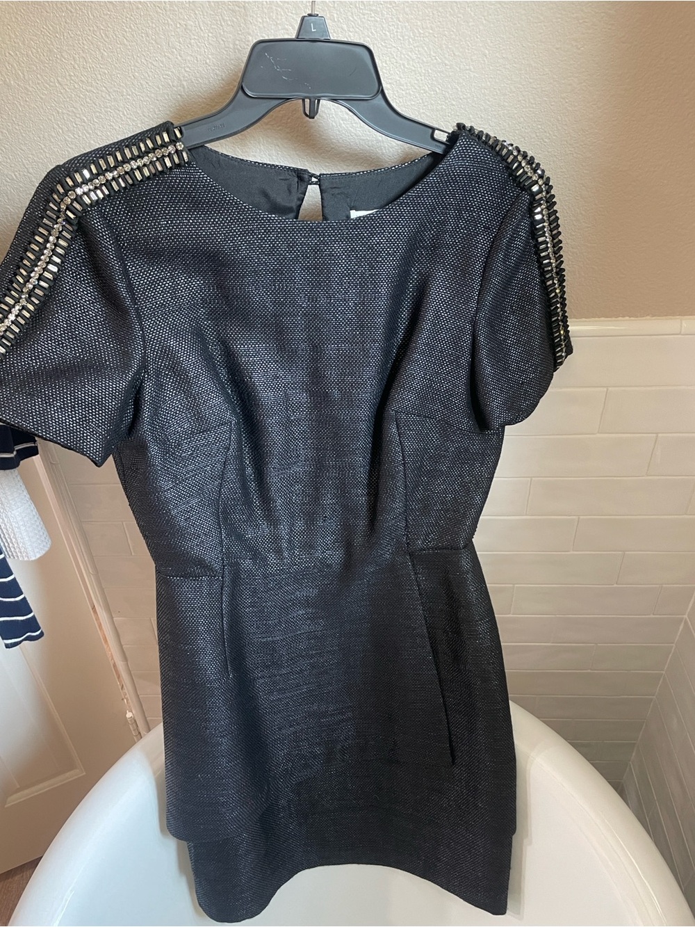 Veronica Beard Black Embellished Shoulder Mini Dress